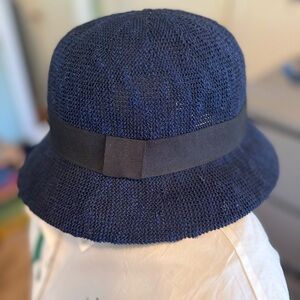 Blue/navy mesh cloche bucket hat with black ribbon by Marcus Adler NY